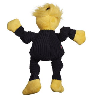 Back view of Wichita State University WuShock mascot durable plush corduroy dog toy with black body and gold hands, feet, and head.
