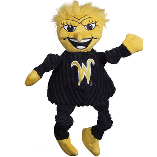 Wichita State University WuShock mascot durable plush corduroy dog toy with black body and gold hands, feet, and head. Wichita State logo located on front of body. Size large.