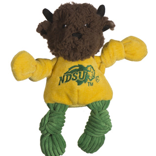 North Dakota State University Thundar the Bison mascot durable plush dog toy with brown fleece head, black horns and inner ears, black and white embroidered eyes, black embroidered nose, yellow knotted arms, yellow shirt with green embroidered university logo, and green corduroy knotted legs. Size small.