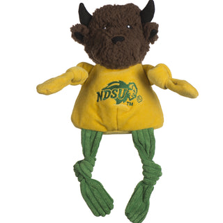 North Dakota State University Thundar the Bison mascot durable plush dog toy with brown fleece head, black horns and inner ears, black and white embroidered eyes, black embroidered nose, yellow knotted arms, yellow shirt with green embroidered university logo, and green corduroy knotted legs. Size large.