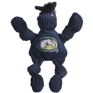 University of California Davis durable plush corduroy dog toy, with navy blue knotted limbs, navy blue head, black hair, and wearing a navy blue shirt with the university logo on chest. Size small.