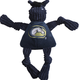 University of California Davis durable plush corduroy dog toy, with navy blue knotted limbs, navy blue head, black hair, and wearing a navy blue shirt with the university logo on chest. Size large.