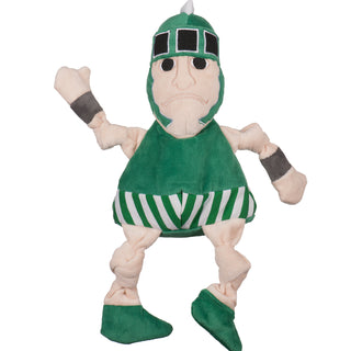 Michigan State University Sparty mascot plush dog toy with beige skin tone face and knotted limbs, green warrior helmet with black and gray details, grey wrist bands, green shirt with white and green striped band around waist, green shoes, and embroidered facial details with big black eyes. Size large.