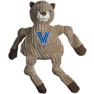 Villanova University Will D. Cat tan mountain lion durable plush corduroy dog toy with knotted limbs, brown hands and feet, blue eyes, and University logo on front. Size large.