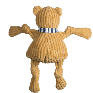 Back of Penn State University, Nittany Lion, plush dog toy: has golden brown fur, blue and white striped scarf, and has knotted limbs.