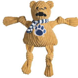 Penn State University, Nittany Lion, plush dog toy: has golden brown fur, blue and white striped scarf, university logo across the chest, and has knotted limbs.  