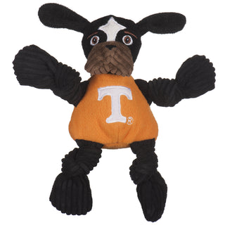 University of Tennessee Smokey Bluetick Coonhound durable plush dog toy with black corduroy knotted arms, legs, and head, brown muzzle, white diamond mark on forehead, and wearing an orange shirt with University logo on front chest. Size small.