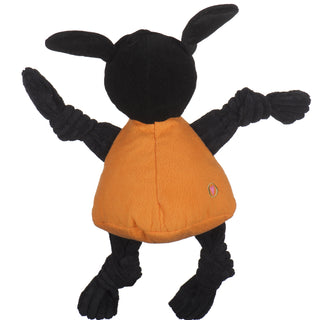 Back view of University of Tennessee Smokey Bluetick Coonhound durable plush dog toy with black corduroy knotted arms, legs, and head, and wearing an orange shirt.