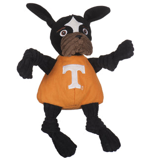 University of Tennessee Smokey Bluetick Coonhound durable plush dog toy with black corduroy knotted arms, legs, and head, brown muzzle, white diamond mark on forehead, and wearing an orange shirt with University logo on front chest. Size large.