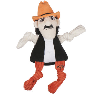 Oklahoma State University Pistol Pete plush dog toy: has orange cowboy hat, black hair, light-beige skin, black vest, white sweatshirt, orange pants with university logo in black, and knotted limbs.  