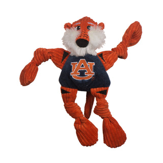 Auburn University Aubie the tiger mascot durable plush corduroy dog toy with white fluffy face, knotted limbs wearing navy blue shirt and Auburn University logo on the front. Size small.