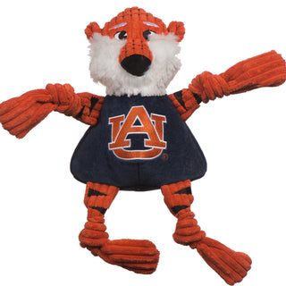 Auburn University Aubie the orange tiger mascot durable plush corduroy dog toy with white fluffy face, knotted limbs wearing navy blue shirt and Auburn University logo on the front. Size large.