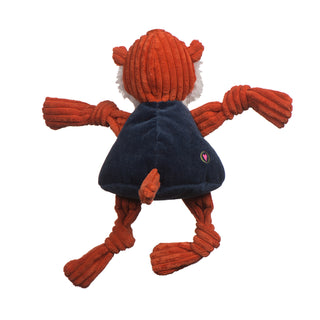 Back of Auburn University Aubie the tiger mascot durable plush corduroy dog toy with knotted limbs wearing navy blue shirt. Size large.