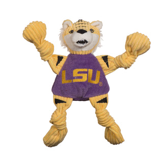 LSU Mike the Tiger mascot plush corduroy dog toy with yellow knotted limbs, yellow head, fluffy white hair around face, white inner ears, black stripes on head and limbs, white face, gold embroidered eyes, black nose, black open mouth with white fangs, wearing purple shirt with gold embroidered LSU logo across chest. Size small.