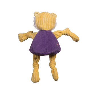 LSU Mike the Tiger mascot plush corduroy dog toy with yellow knotted limbs, yellow head, fluffy white hair around face, wearing purple shirt.
