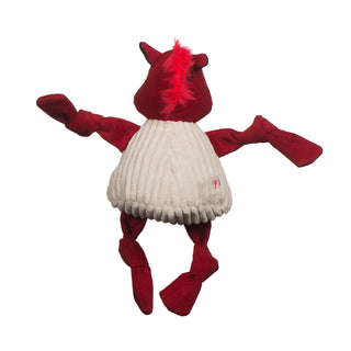 Back of University of Arkansas Tusk the Razorback red boar mascot durable plush corduroy dog toy with knotted limbs wearing white shirt. Size large.