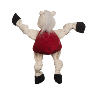 Back of University of Oklahoma Sooner plush dog toy: has white fur, white hair, has on a red shirt, black hands and feet, and knotted limbs.