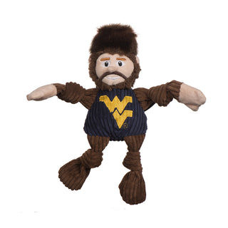 West Virginia University Mountaineer mascot durable plush corduroy dog toy with knotted limbs, brown sleeves, legs, beard and hair, brown fur hat, and navy shirt with West Virginia University logo on the front. Size small.