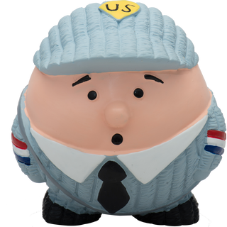 Mail carrier squeaky latex ball dog toy with light-blue hat, black eyebrows, black eyes, black mouth, light beige skin tone, light-blue uniform, black tie, red, white and blue stripes on each sleeve, and black shoes. 