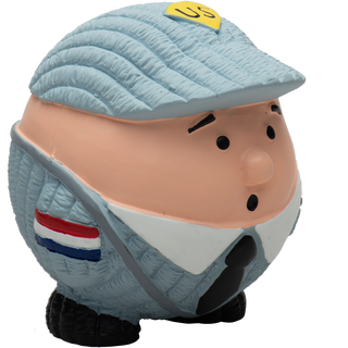 Side view of mail carrier squeaky latex ball dog toy with light-blue hat, black eyebrows, black eyes, black mouth, light beige skin tone, light-blue uniform, black tie, red, white and blue stripes on each sleeve, and black shoes.