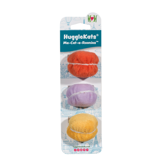 Set of three, catnip stuffed, macaroon shaped, cat toys with bells inside on header card: orange, lavender, and yellow, the "filling" of each macaroon is white. 