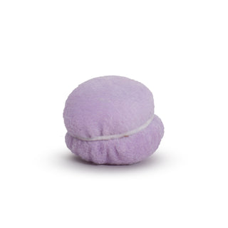 Light purple macaroon shaped cat toy with catnip and bells inside and white fabric "filling".