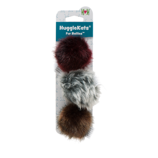 Set of three catnip stuffed, ball shaped, faux-fur plush cat toys in deep maroon, grey, and brown on header card.