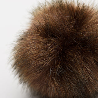 Close up of brown Fur Ballie cat toy to show texture in faux-fur.