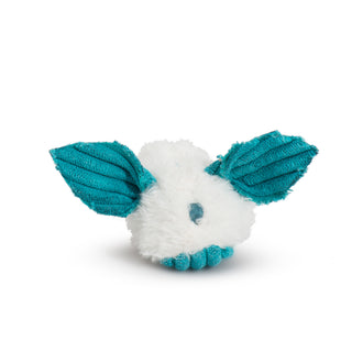 Teal blue dust bunny catnip cat toy with fluffy white pouf ball body, big teal blue corduroy ears and belly, and embroidered teal blue nose.