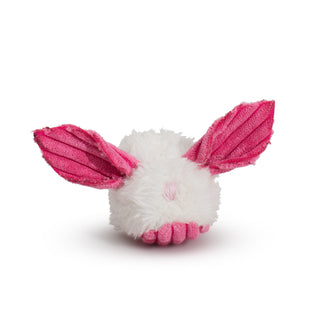 Pink dust bunny catnip cat toy with fluffy white pouf ball body, big pink corduroy ears and belly, and embroidered pink nose.