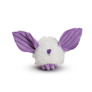 Purple dust bunny catnip cat toy with fluffy white pouf ball body, big purple corduroy ears and belly, and embroidered purple nose.