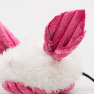 Close up of pink dust bunny to show details of corduroy ears.