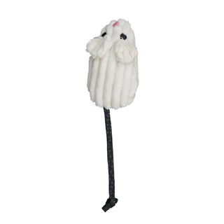 White catnip-stuffed corduroy mouse cat toy with black embroidered eyes, pink embroidered nose, and black knotted tail.