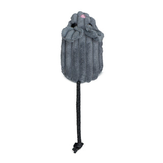 Gray catnip-stuffed corduroy mouse cat toy with black embroidered eyes, pink embroidered nose, and black knotted tail.