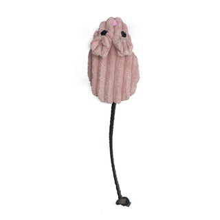 Light pink catnip-stuffed corduroy mouse cat toy with black embroidered eyes, pink embroidered nose, and black knotted tail.