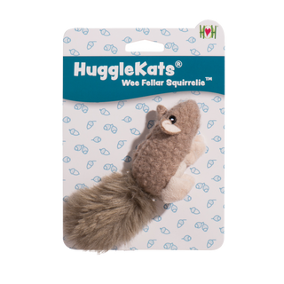Wee sized squirrel shaped cat toy on header card: has light-brown fur, black eyes, white pupils, light-beige inner-ear, belly, and feet, with a fluffy light-brown tail. 