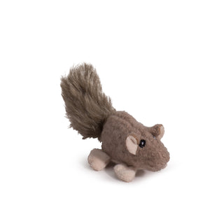 Wee sized, squirrel shaped cat toy: has light-brown fur, black eyes, white pupils, light-beige inner-ear and feet, with a fluffy light-brown tail.