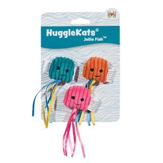 Set of three jellyfish shaped, catnip stuffed, cat toys on header card: teal blue, orange, and pink corduroy heads with black embroidered eyes and smile, orange and teal blue jellyfish have teal blue and yellow ribbons as tentacles, pink jellyfish has light and dark pink ribbons as tentacles.