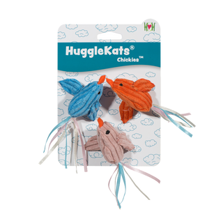 Set of three catnip stuffed chick shaped cat toys on header card: there are blue, orange, and light-pink chicks with orange beaks, black eyes, and a pink, blue, and white colored ribboned tail. 