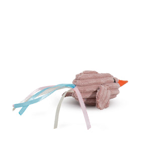 Back view of pink chick shaped catnip stuffed cat toy with orange beak, black eye, and a pink, blue, and white ribboned tail. 