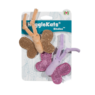 Set of two butterfly shaped catnip stuffed cat toys on header card: One butterfly is purple, purple knotted antennas, with sparkly crinkly purple wings. The second butterfly is beige, stuffed with catnip, has beige knotted antennas, and sparkly, crinkly wings. 