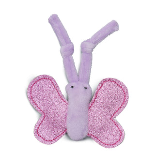 Butterfly shaped catnip stuffed cat toy: butterfly is purple, purple knotted antennas, with sparkly crinkly purple wings.