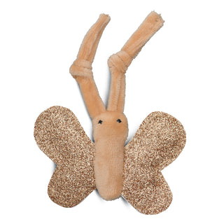 Butterfly shaped catnip stuffed cat toy: butterfly is beige, stuffed with catnip, has beige knotted antennas, and sparkly, crinkly wings.