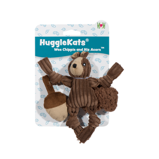 Squirrel and acorn catnip stuffed cat toy set displayed on header card: squirrel has brown corduroy fur, light-brown inner-ear, and face, fluffy brown tail. Acorn has a brown top, the midsection down is light-brown.