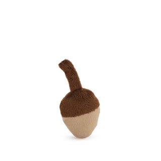 Image of catnip stuffed, acorn shaped, cat toy: has brown top, and is tan the mid-section down. 