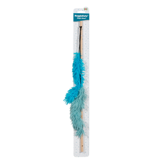Wand type interactive cat toy with two two-toned blue fluffy, feather-like strings infused with catnip attached to black nylon string attached to wooden stick on header card.