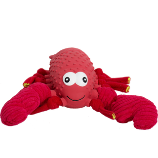 Front view of lobster shaped squeaky dog toy made of a combination of latex body with plush knotted limbs: red body, legs and claws.
