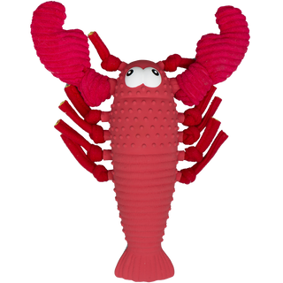 Top view of lobster shaped squeaky dog toy made of a combination of latex body with plush knotted limbs: red body, eight legs and two claws.