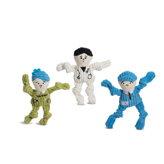 Set of three tiny plush corduroy dog toys with knotted limbs designed for toy-sized dogs: groomer with green body and blue hair, veterinarian with white body and black hair, and mail carrier with blue body and blue hat.