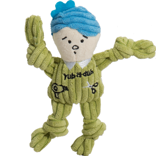 Tiny plush corduroy groomer dog toy with knotted limbs, green body embroidered with hairdryer and scissors, and blue hair.